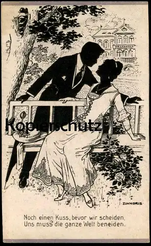 ALTE POSTKARTE ZINNORIS SCHATTENBILD NOCH EIN KUSS BEVOR WIR SCHEIDEN PAAR Couple kiss baiser Silhouette Schattenbilder