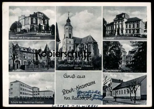ALTE POSTKARTE GRUSS AUS DEUTSCH-KRAWARN KR. RATIBOR DEUTSCHES HAUS SCHULE SCHLESIEN Kravare ve Slezsku Sleszko Ceska AK