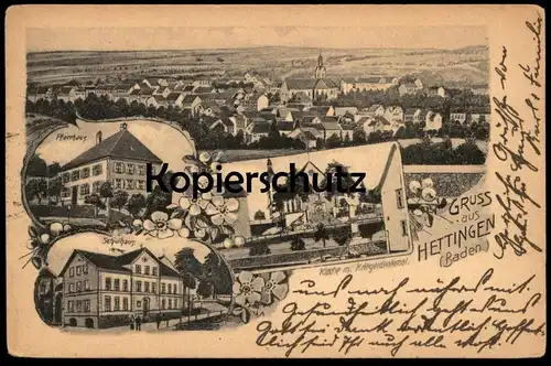 ALTE POSTKARTE GRUSS AUS HETTINGEN BADEN SCHULHAUS PFARRHAUS KIRCHE MIT KRIEGERDENKMAL Kreis Sigmaringen Ansichtskarte