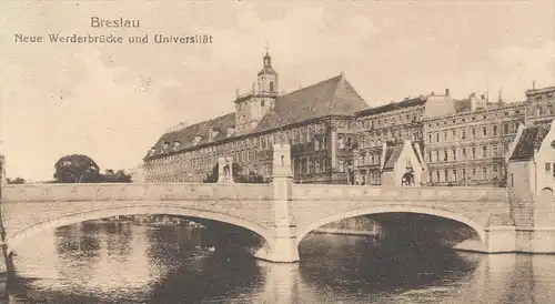 ALTE POSTKARTE BRESLAU NEUE WERDERBRÜCKE UND UNIVERSITÄT Wroclaw Brassel Schlesien Deutsche Lufthansa Briefmarke DDR