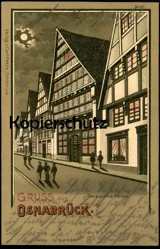 ALTE MONDSCHEIN LITHO POSTKARTE GRUSS AUS OSNABRÜCK RENAISSANCE-HÄUSER BIERSTRASSE moonlight Ansichtskarte cpa postcard
