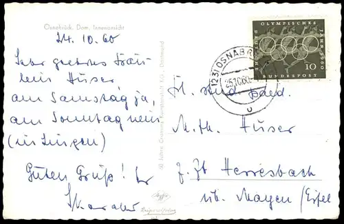 ÄLTERE POSTKARTE OSNABRÜCK DOM INNENANSICHT 1960 Inneres Briefmarke Olympisches Jahr Olympia stamp olympiades postcard