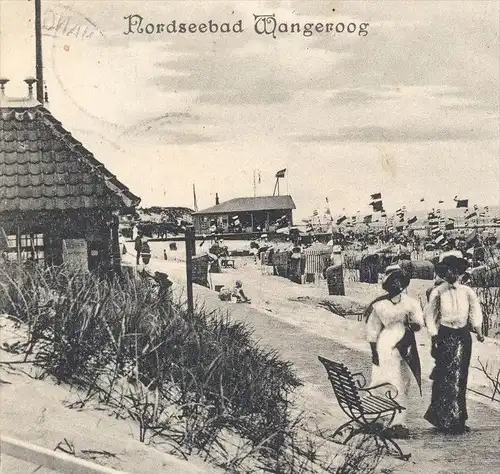 ALTE POSTKARTE WANGEROOG 1911 STRAND PROMENADE women femme Frau Wangerooge beach plage Flagge flag drapeau Ansichtskarte