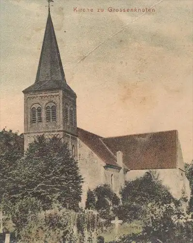 ALTE POSTKARTE GRUSS AUS GROSSENKNETEN IN OLDENBURG GESCHÄFTS- UND GASTHAUS J. D. HELLBUSCH KIRCHE FRIEDHOF Großenkneten