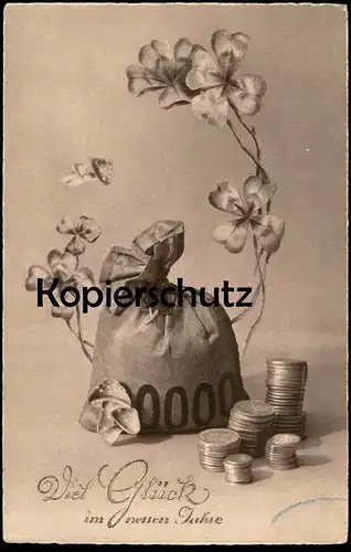 ALTE POSTKARTE VIEL GLÜCK IM NEUEN JAHRE NEUJAHR MÜNZEN GELD Geldsack money bag sac d'argent monnaie Fliegenpilz Pilz