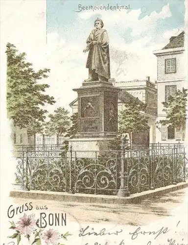 ALTE LITHO POSTKARTE GRUSS AUS BONN BEETHOVENDENKMAL Ludwig van Beethoven Denkmal monument cpa postcard AK Ansichtskarte