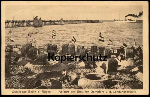 ALTE POSTKARTE SELLIN INSEL RÜGEN ABFAHRT DES STETTINER DAMPFERS Dampfer Stettin steam ship bateau à vapeur AK postcard