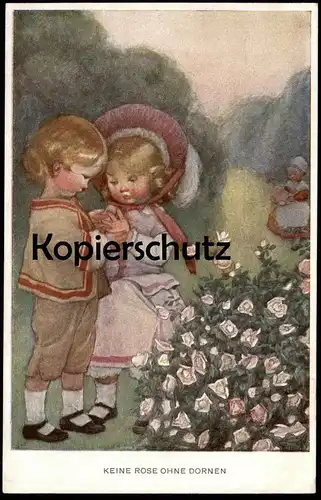ALTE KÜNSTLER POSTKARTE KEINE ROSE OHNE DORNEN KINDER enfants children couple Blume Flower Fleur Flowers Rosen postcard