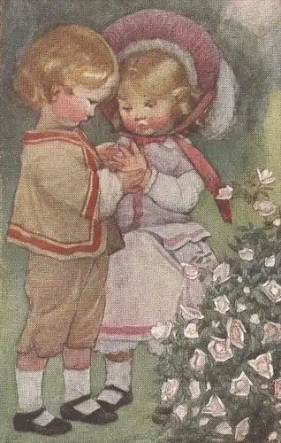 ALTE KÜNSTLER POSTKARTE KEINE ROSE OHNE DORNEN KINDER enfants children couple Blume Flower Fleur Flowers Rosen postcard