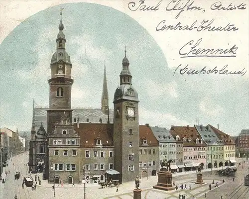 ALTE POSTKARTE CHEMNITZ HAUPTMARKT 1902 VERFASSER PAUL CLIFTON ARTIST CIRCUS ZIRKUS CENTRAL-THEATER cpa postcard AK