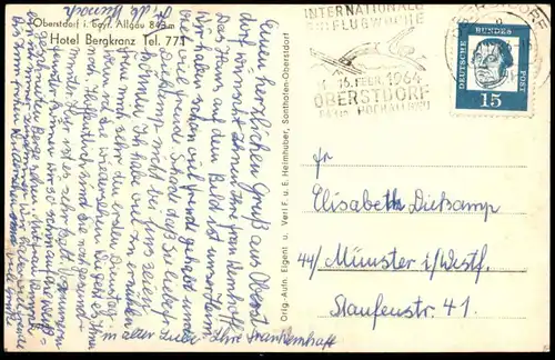 ALTE POSTKARTE OBERSTDORF ALLGÄU HOTEL BERGKRANZ mit Maschinenwerbestempel Skiflugwoche 1964 Bayern Ansichtskarte AK cpa