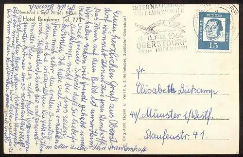 ALTE POSTKARTE OBERSTDORF ALLGÄU HOTEL BERGKRANZ mit Maschinenwerbestempel Skiflugwoche 1964 Bayern Ansichtskarte AK cpa