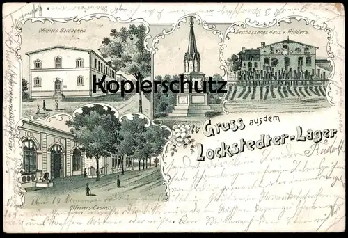 ALTE LITHO POSTKARTE GRUSS AUS DEM LOCKSTEDTER LAGER 1901 BESCHOSSENES HAUS RIDDERS BARRACKEN Lockstedt Hohenlockstedt