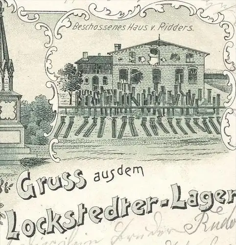 ALTE LITHO POSTKARTE GRUSS AUS DEM LOCKSTEDTER LAGER 1901 BESCHOSSENES HAUS RIDDERS BARRACKEN Lockstedt Hohenlockstedt