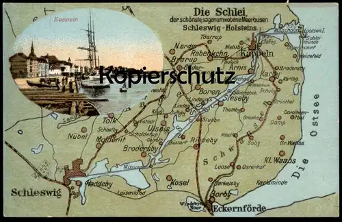 ALTE POSTKARTE KAPPELN SCHLEI DER SCHÖNSTE MEERBUSEN NORDEN BOREN RIESBY BORBY SCHLESWIG ECKERNFÖRDE Landkarte map cpa
