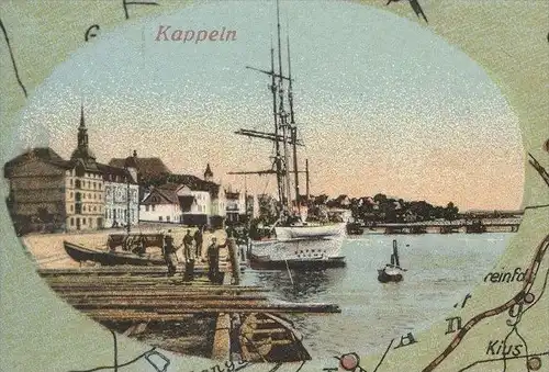 ALTE POSTKARTE KAPPELN SCHLEI DER SCHÖNSTE MEERBUSEN NORDEN BOREN RIESBY BORBY SCHLESWIG ECKERNFÖRDE Landkarte map cpa