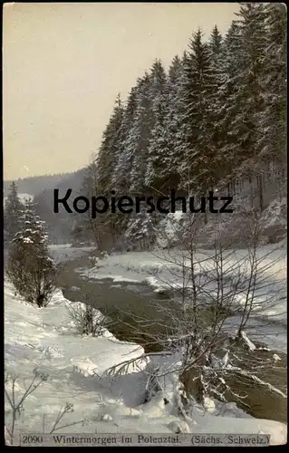 ALTE POSTKARTE WINTERMORGEN IM POLENZTAL SÄCHSISCHE SCHWEIZ Hockstein Hohnstein Sachsen Photochromie Winter Schnee snow