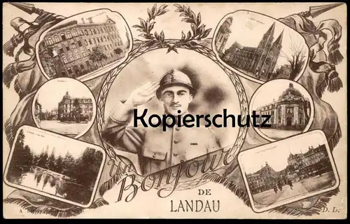ALTE POSTKARTE BONJOUR DE LANDAU LE QUARTIER PARC MAXIMILIEN JOSEPH ÉGLISE Soldat soldier Uniform postcard Ansichtskarte