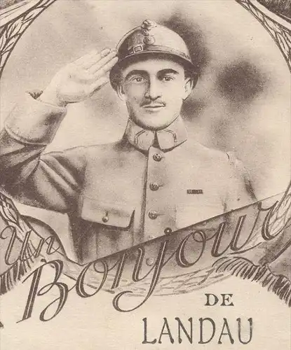 ALTE POSTKARTE BONJOUR DE LANDAU LE QUARTIER PARC MAXIMILIEN JOSEPH ÉGLISE Soldat soldier Uniform postcard Ansichtskarte