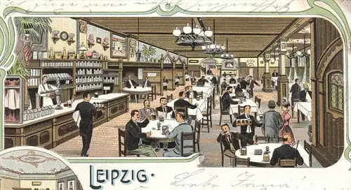 ALTE LITHO POSTKARTE LEIPZIG HOTEL & RESTAURANT GOLDENES EINHORN INHABER EMIL NOCH THEKE unicorn Billard billiards cpa