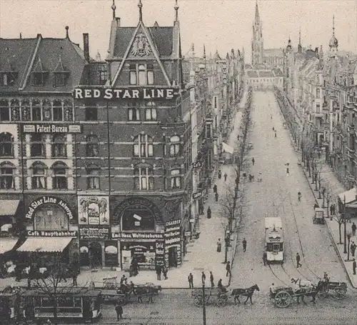 ALTE POSTKARTE DÜSSELDORF WILHELMPLATZ BLICK IN DIE KAISER WILHELMSTRASSE GESCHÄFTE NORDDEUTSCHER LLOYD RED STAR LINE AK