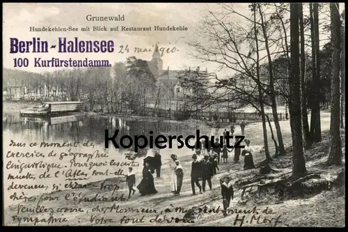 ALTE POSTKARTE BERLIN GRUNEWALD HUNDEKEHLEN-SEE MIT BLICK AUF RESTAURANT HUNDEKEHLE Halensee Familie Kind Hundekehlesee