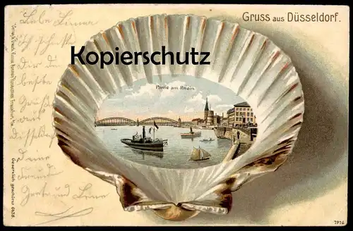 ALTE LITHO PRÄGEPOSTKARTE GRUSS AUS DÜSSELDORF PARTIE AM RHEIN MUSCHEL shell coquillage cpa postcard AK Ansichtskarte