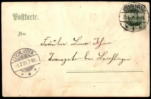 ALTE LITHO PRÄGEPOSTKARTE GRUSS AUS DÜSSELDORF PARTIE AM RHEIN MUSCHEL shell coquillage cpa postcard AK Ansichtskarte