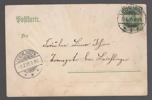 ALTE LITHO PRÄGEPOSTKARTE GRUSS AUS DÜSSELDORF PARTIE AM RHEIN MUSCHEL shell coquillage cpa postcard AK Ansichtskarte