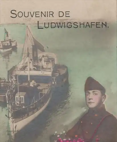 ALTE POSTKARTE SOUVENIR DE LUDWIGSHAFEN FOTOMONTAGE montage photo Marine Schiff Dampfer Soldat soldier ship cpa postcard