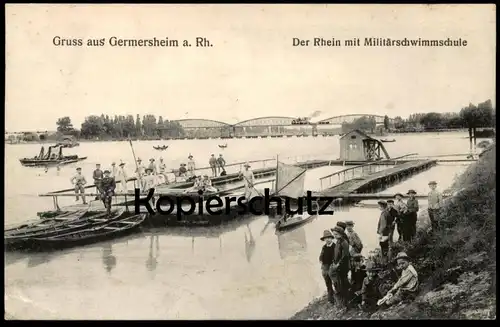 ALTE POSTKARTE GRUSS AUS GERMERSHEIM DER RHEIN MIT MILITÄRSCHWIMMSCHULE military school swimming bath soldat soldier cpa