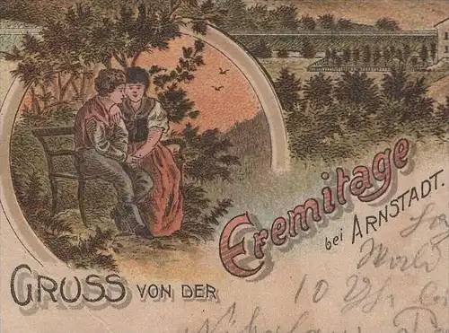 ALTE LITHO POSTKARTE GRUSS VON DER EREMITAGE BEI ARNSTADT LIEBESPAAR Paar Thüringen couple AK cpa postcard Ansichtskarte