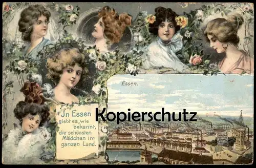 ALTE POSTKARTE IN ESSEN GIEBT ES WIE BEKANNT DIE SCHÖNSTEN MÄDCHEN IM GANZEN LAND Fabrik Krupp postcard AK Ansichtskarte