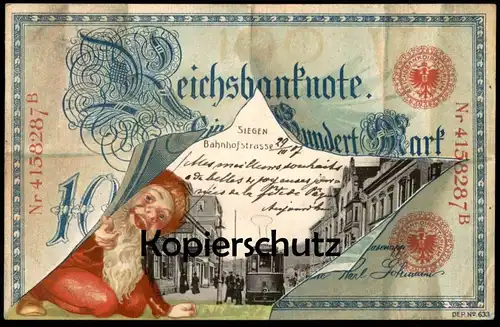 ALTE POSTKARTE SIEGEN BAHNHOFSTRASSE GELDSCHEIN ZWERG 100 MARK REICHSBANK money monnaie billet de banque Geld tramway