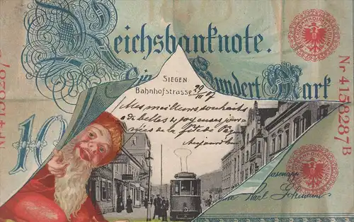 ALTE POSTKARTE SIEGEN BAHNHOFSTRASSE GELDSCHEIN ZWERG 100 MARK REICHSBANK money monnaie billet de banque Geld tramway