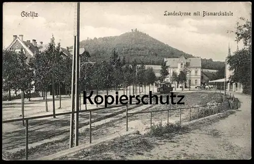 ALTE POSTKARTE GÖRLITZ LANDESKRONE MIT BISMARCKSÄULE STRASSENBAHN tram tramway Bismarck Säule Zgorcelec AK Ansichtskarte