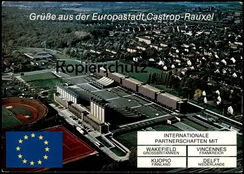 POSTKARTE GRÜSSE AUS DER EUROPASTADT CASTROP-RAUXEL WAKEFIELD VINCENNES KUOPIO DELFT Stadion stade stadium Autobahn cpa