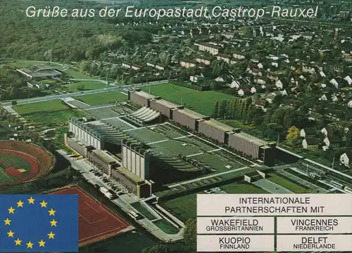 POSTKARTE GRÜSSE AUS DER EUROPASTADT CASTROP-RAUXEL WAKEFIELD VINCENNES KUOPIO DELFT Stadion stade stadium Autobahn cpa