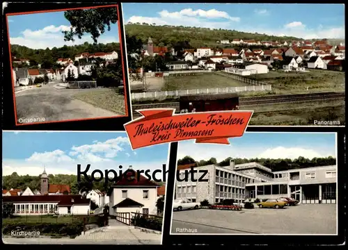 ÄLTERE POSTKARTE THALEISCHWEILER-FRÖSCHEN THALFRÖSCHEN KREIS PIRMASENS ORTSPARTIE PANORAMA KIRCHPARTIE Opel Bahn Waggon
