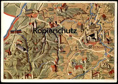 ALTE POSTKARTE STUTTGART NÖRDLICHER SCHWARZWALD LANDKARTE map Horb Tübingen Iffezheim Lauffen Marbach Pforzheim Rastatt