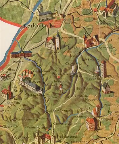 ALTE POSTKARTE STUTTGART NÖRDLICHER SCHWARZWALD LANDKARTE map Horb Tübingen Iffezheim Lauffen Marbach Pforzheim Rastatt