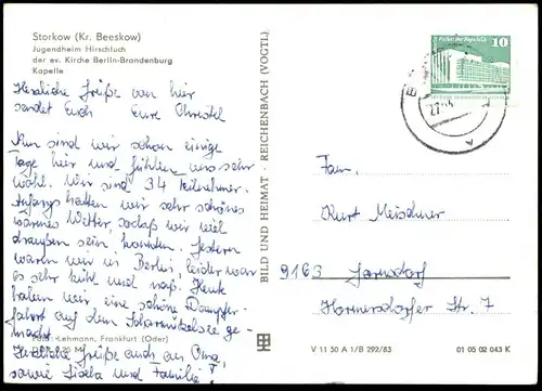 ÄLTERE POSTKARTE STORKOW KREIS BEESKOW JUGENDHEIM HIRSCHLUCH DER EV. KIRCHE BERLIN-BRANDENBURG KAPELLE GLOCKE GLOCKEN