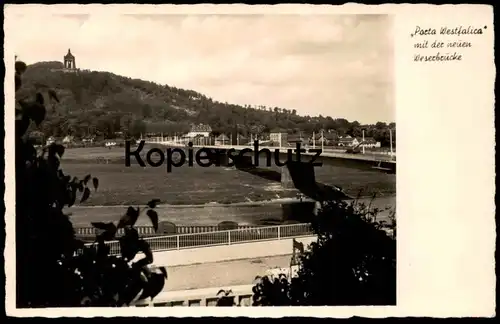 ALTE POSTKARTE PORTA WESTFALICA MIT DER NEUEN WESERBRÜCKE Brücke Weser AK Ansichtskarte cpa postcard