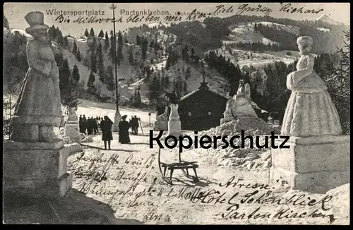 ALTE POSTKARTE WINTERSPORTPLATZ GARMISCH PARTENKIRCHEN SCHNEEFIGUREN Schlitten Eisfigur 1914 cpa postcard Ansichtskarte