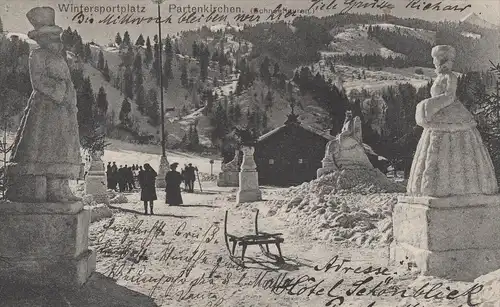 ALTE POSTKARTE WINTERSPORTPLATZ GARMISCH PARTENKIRCHEN SCHNEEFIGUREN Schlitten Eisfigur 1914 cpa postcard Ansichtskarte