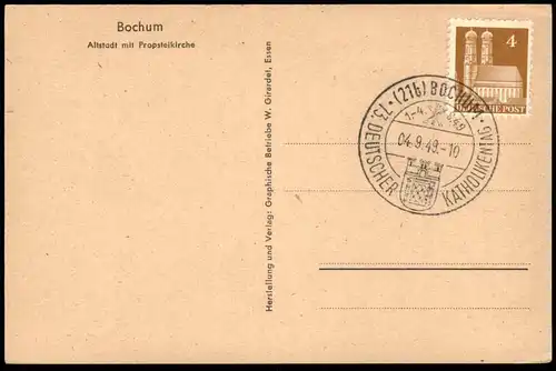 ALTE POSTKARTE BOCHUM ALTSTADT MIT PROPSTEIKIRCHE SONDERSTEMPEL KATHOLIKENTAG 1949 Kirche Ansichtskarte AK postcard cpa