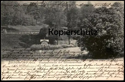 ALTE POSTKARTE BOCHUM STADTPARKTEICH MIT SCHWANENINSEL Stadtpark Park Teich Ansichtskarte AK postcard cpa