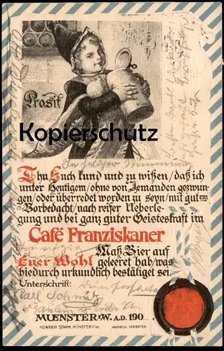 ALTE PRÄGE POSTKARTE CAFÉ FRANZISKANER MÜNSTER MÜNCHNER KINDL Bier beer cpa postcard AK Ansichtskarte