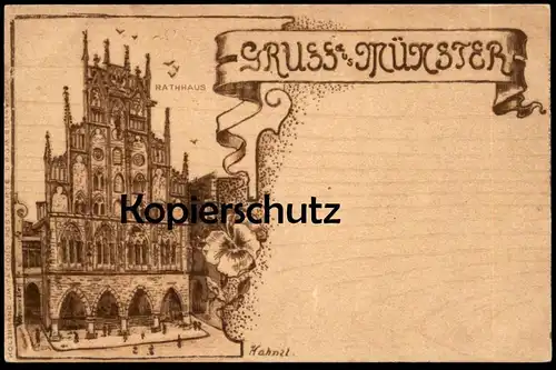 ALTE POSTKARTE GRUSS AUS MÜNSTER RATHHAUS Rathaus Holzbrandmalerei Holzbrand-Imitation sign. Hahnel AK Ansichtskarte