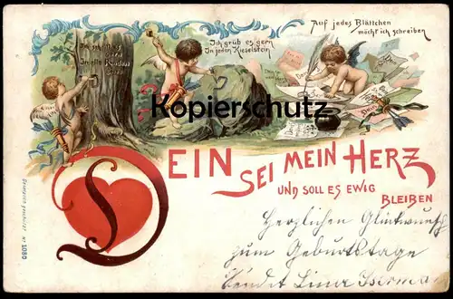 ALTE POSTKARTE DEIN SEI MEIN HERZ UND SOLL ES EWIG BLEIBEN Engel Amor Cupido angel ange Bauminschrift tree inscription
